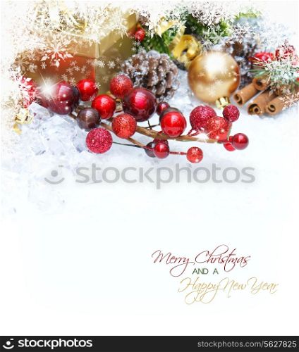 Christmas background with gift, berries and decorations