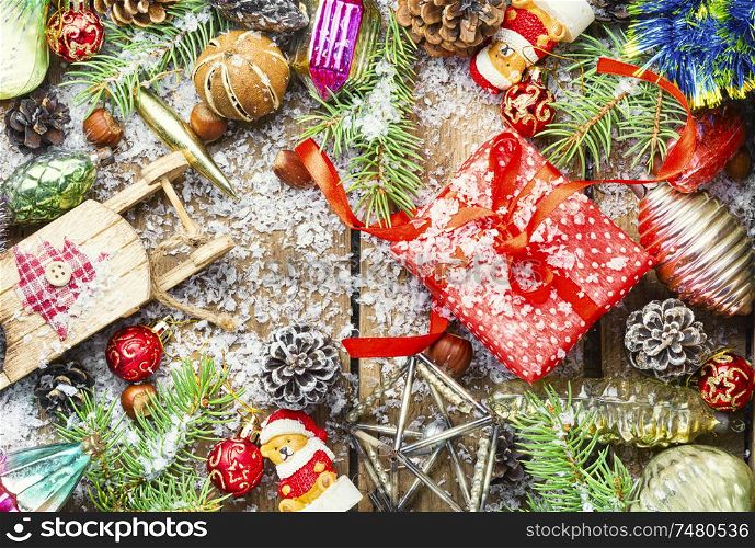 Christmas background with gift box and decor.Christmas still life.Flat lay. Christmas background concept