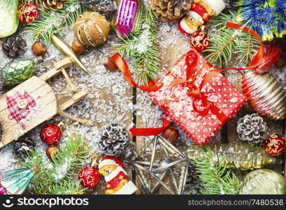 Christmas background with gift box and decor.Christmas still life.Flat lay. Christmas background concept