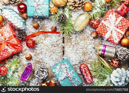 Christmas background with gift boxes and decorations.Xmas composition. Christmas background concept