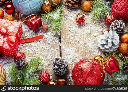 Christmas background with gift boxes and decorations.Xmas composition. Christmas holidays composition