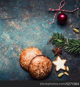 Christmas background with Gingerbread , star cookies and decoration on dark rustic background, top view, square