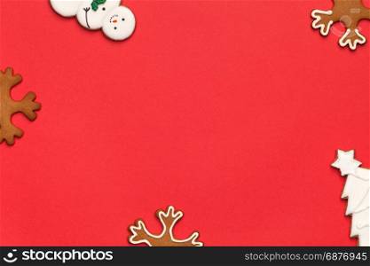 Christmas background with gingerbreads. Copy space. Top view