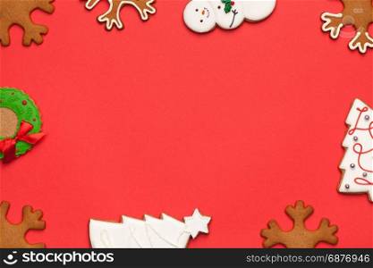 Christmas background with gingerbreads. Copy space. Top view