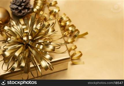 Christmas background with gold gift and baubles