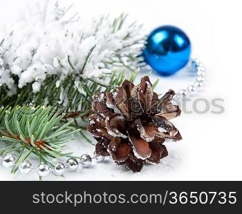 Christmas background with pine cone and fir branch