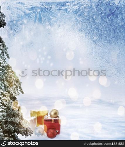 Christmas Background With Pine Tree And Gifts Outdoors
