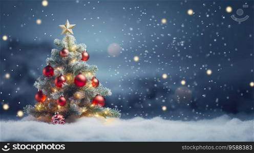 Christmas background with place for text. Christmas tree wth balls and blurred shiny lights