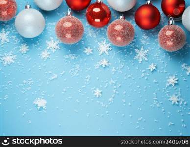 Christmas background with red and silver balls and snowflakes on blue