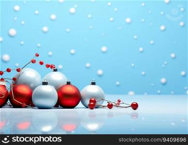 Christmas background with red and silver baubles on a blue background