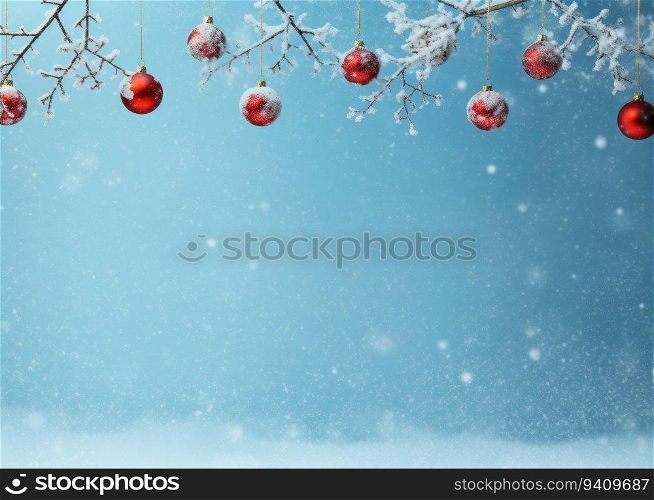 Christmas background with red balls and snowflakes. Copy space.