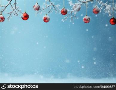 Christmas background with red balls and snowflakes. Copy space.