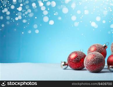 Christmas background with red baubles and snow, 3d render