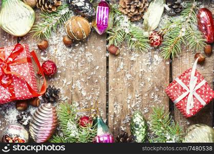 Christmas background with red gift box and decor.Xmas composition. Christmas holidays composition