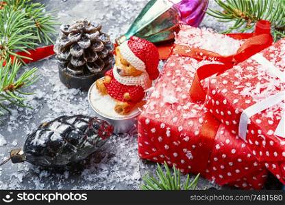 Christmas background with red gift box and decor.Xmas composition. Christmas holidays composition
