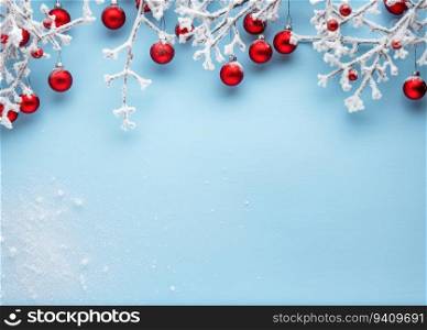 Christmas background with snow fir branches, red balls and snowflakes.