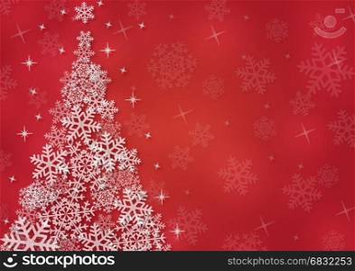Christmas background with snowflakes and Christmas tree in red colored scenery