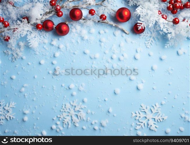 Christmas background with snowflakes and red baubles on blue