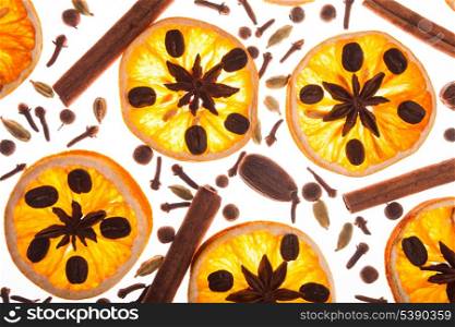 Christmas background with spices and dry orange&rsquo;s slices and coffee beans