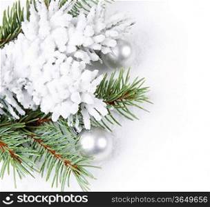 Christmas background with white decoration and fir branch