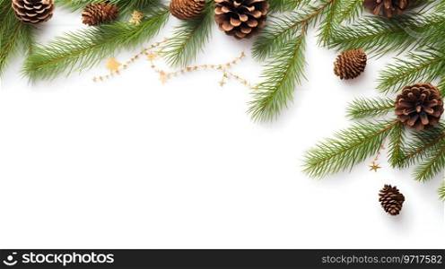 Christmas background with xmas tree and fir cones on white wooden background. Space for text