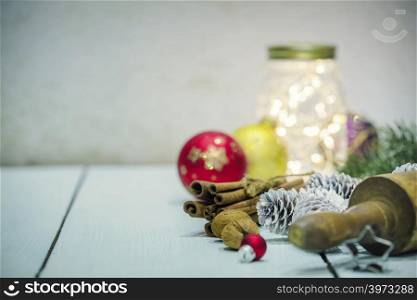 Christmas Baking background. Ingredients for cooking christmas baking on white wood background with copy space.. Christmas Baking background with Christmas decorations, space for text