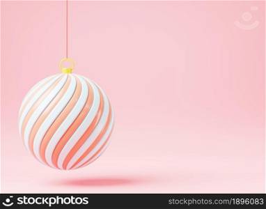 Christmas ball colorful decoration hanging isolated on pink background, Holiday Xmas golden spiral pattern ball ornament, web design banner 3D rendering illustration