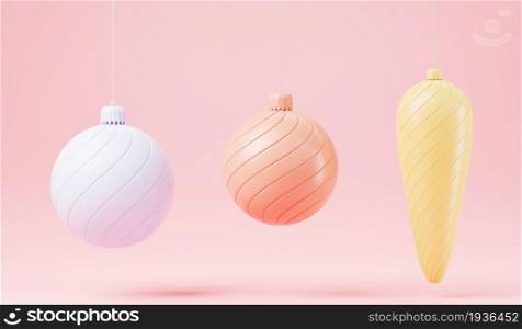 Christmas ball colorful decoration hanging isolated on pink background, Holiday Xmas golden spiral pattern ball ornament bulti color, web design banner 3D rendering illustration