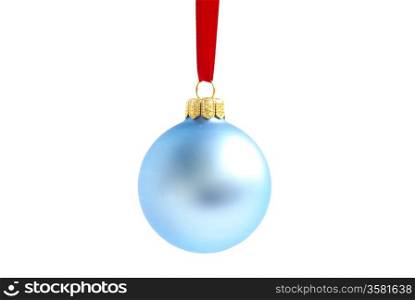 Christmas ball hanging with ribbons on white background