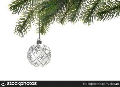 Christmas ball on a fir branch on white background
