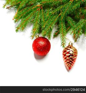 Christmas balls and spruce branch