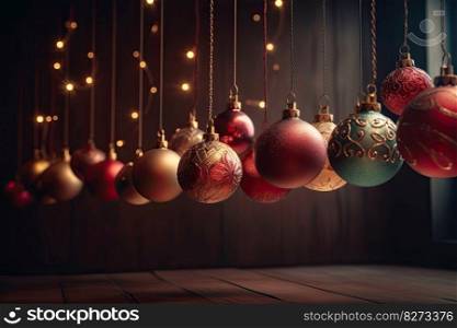 Christmas balls in warm tones, perfect for use in vibrant stage backgrounds, festive colors by generative AI