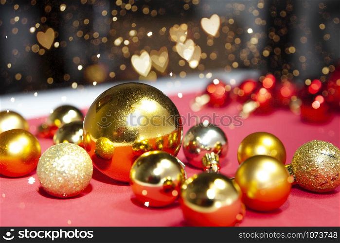 Christmas balls in winter setting,Winter holidays concept. Bokeh background
