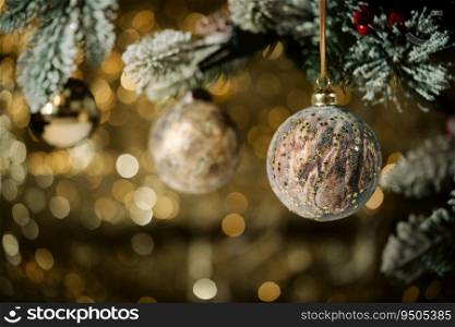 Christmas balls on fir branches with gold christmas lights in abstract defocused background. Christmas balls on fir branches