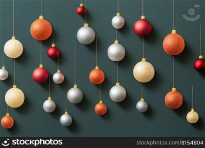 Christmas balls ornaments on green background, holiday celebration and happy new year concept