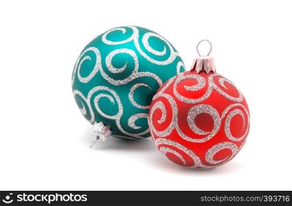 Christmas balls red and green on a white background