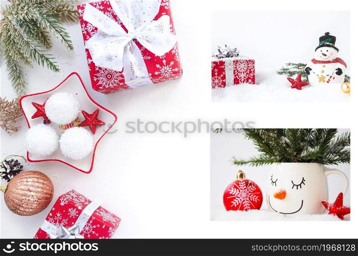 Christmas banner, Christmas balls, branches, boxes with gifts and Christmas cards on a white table. copy space.