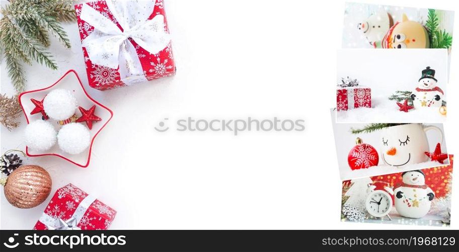 Christmas banner, Christmas balls, branches, boxes with gifts and Christmas cards on a white table. copy space.