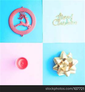Christmas banner design with ornament on pastel color background, Vintage filter, Flat lay