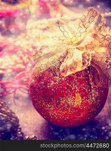 Christmas bauble on decoration table, holiday ornament background