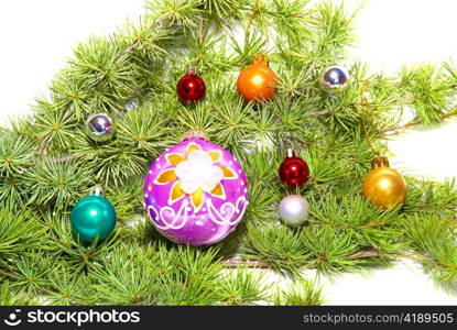 Christmas baubles, fir tree and decoration isolated on white