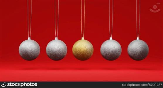 Christmas baubles set isolated on a red background. 3d render
