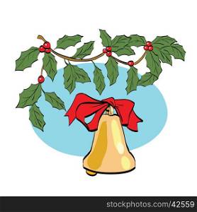 Christmas bell on berry branch, color vector illustration. New year and Christmas