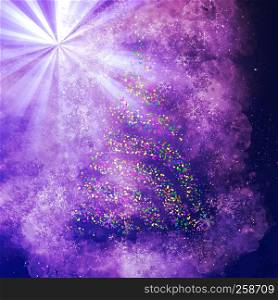 Christmas bokeh tree on blue light ray background with snowflakes. Christmas Bokeh Tree on light ray background