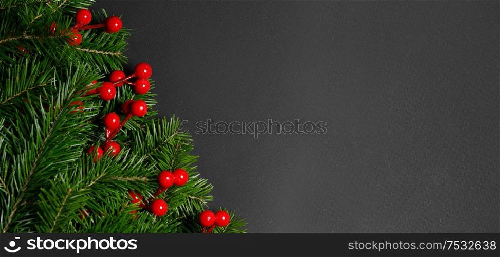 Christmas border arranged with fresh fir branches and red berries on black paper background , copy space for text. Christmas border of fir branches