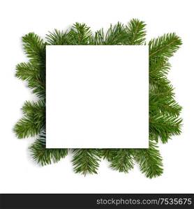 Christmas border arranged with fresh fir branches isolated on white background , copy space for text. Christmas border of fir branches