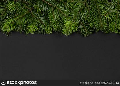 Christmas border arranged with fresh fir branches on black paper background , copy space for text. Christmas border of fir branches