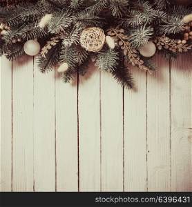 Christmas border design with pines and white baubles. Christmas snowy border design