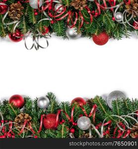 Christmas border frame design copmosition of fir tree branch and red silver decorations balls baubles ribbon pine cones isolated on white background. Christmas fir and decorations on white