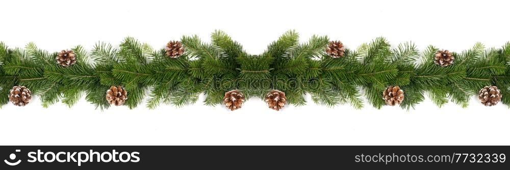 Christmas Border frame of tree branches and pine cones on white background with copy space isolated. Christmas Border of tree branches
